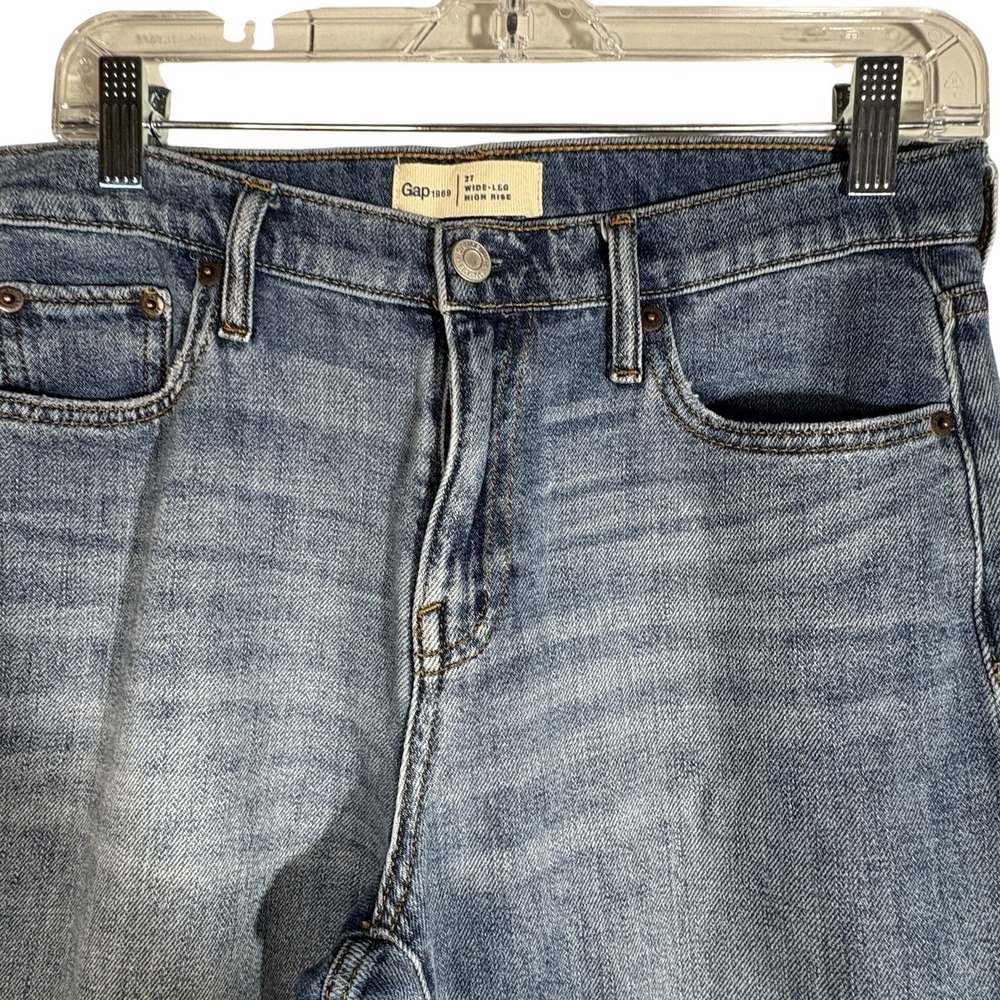 GAP Classic Blue Women 27 High Rise Wide-Leg Jeans 100% Cotton Boho Frayed Hem - Picture 4 of 7